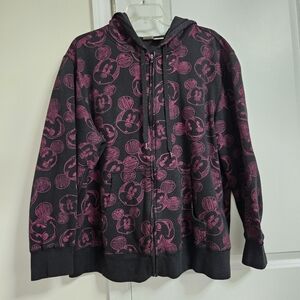 Disney Mickey Full Print Black Pink Hooded Jacket Women’s 2X Full Zip Pockets